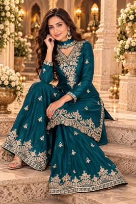 Teal wedding collection chinon silk full stitched suits free size upto size 44 2