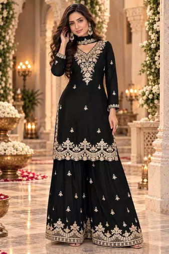 Black wedding collection chinon silk full stitched suits free size upto size 44