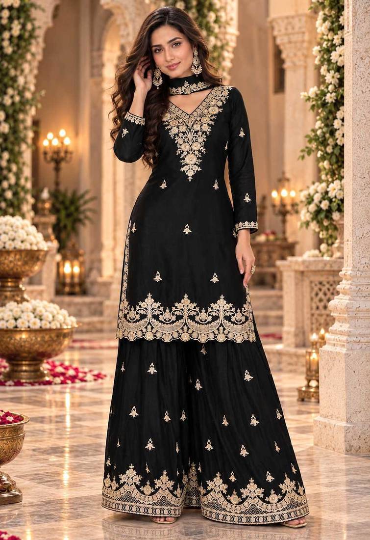 Black wedding collection chinon silk full stitched suits free size upto size 44