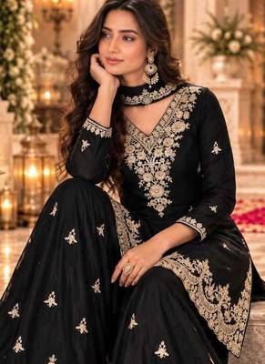 Black wedding collection chinon silk full stitched suits free size upto size 44 2