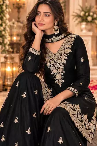 Black wedding collection chinon silk full stitched suits free size upto size 44