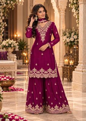 Magenta wedding collection chinon silk full stitched suits free size upto size 44 1
