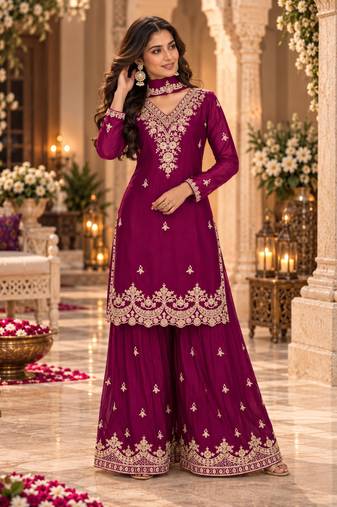 Magenta wedding collection chinon silk full stitched suits free size upto size 44