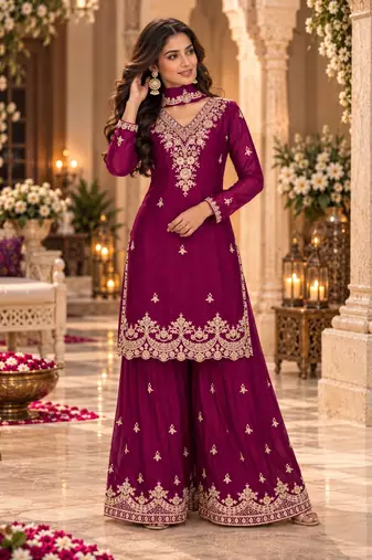 Magenta wedding collection chinon silk full stitched suits free size upto size 44