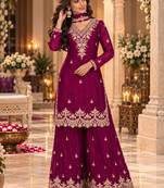 Magenta wedding collection chinon silk full stitched suits free size upto size 44