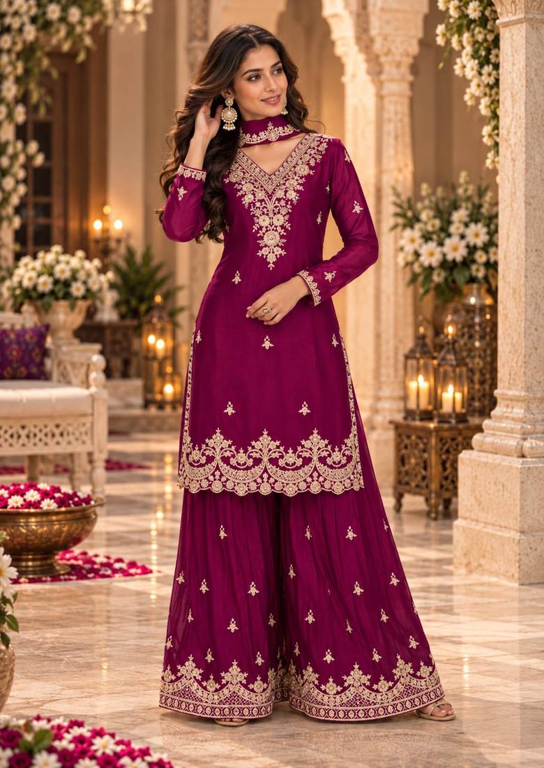 Magenta wedding collection chinon silk full stitched suits free size upto size 44