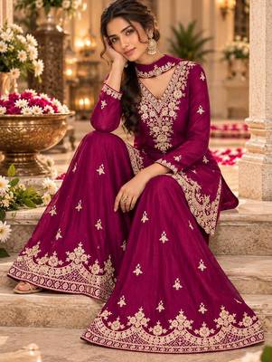 Magenta wedding collection chinon silk full stitched suits free size upto size 44 2