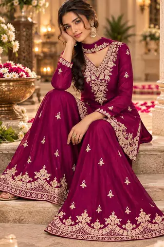 Magenta wedding collection chinon silk full stitched suits free size upto size 44