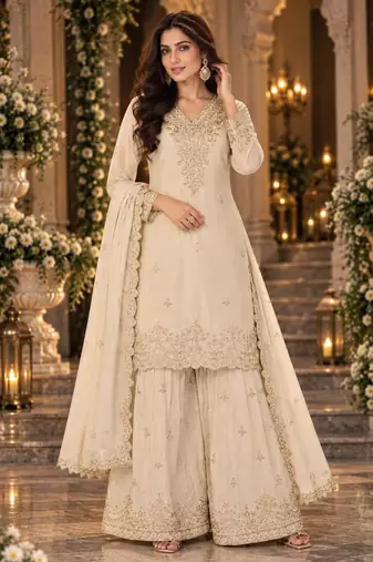 White wedding collection chinon silk full stitched suits free size upto size 44