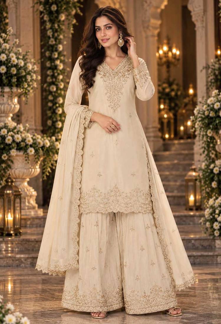 White wedding collection chinon silk full stitched suits free size upto size 44