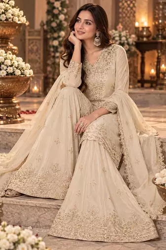 White wedding collection chinon silk full stitched suits free size upto size 44