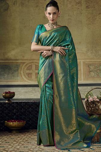 turquoise silk blend with handloom weaving festive wear saree