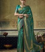 turquoise silk blend with handloom weaving festive wear saree