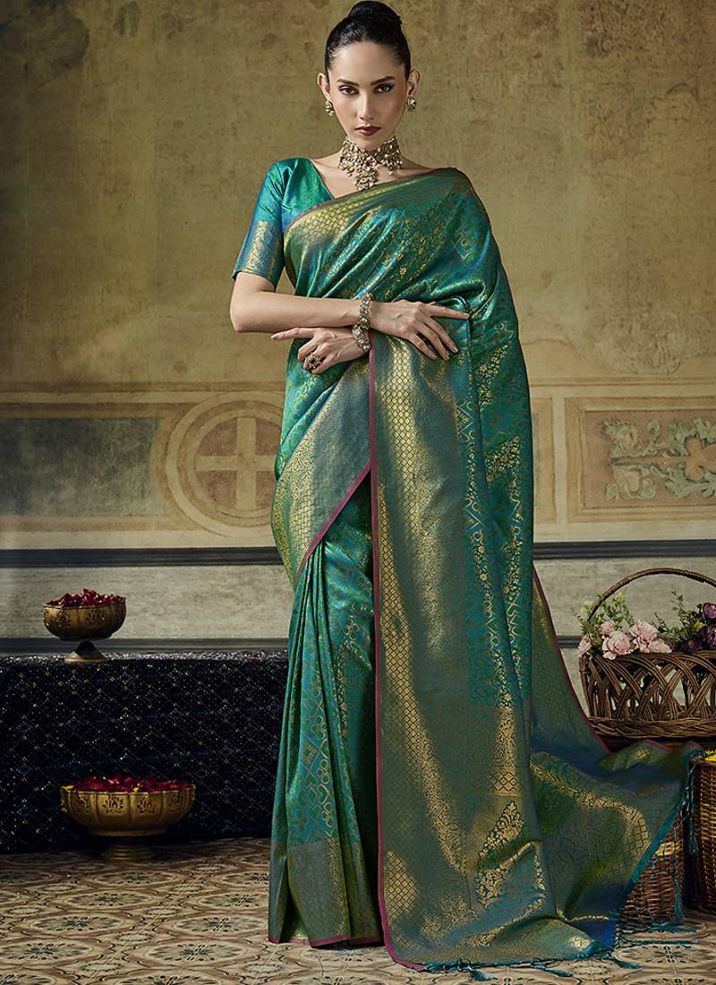 turquoise silk blend with handloom weaving festive wear saree