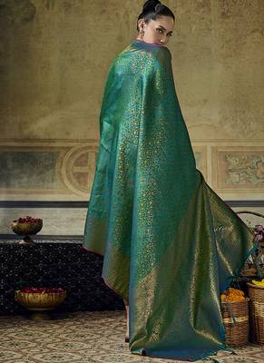 turquoise silk blend with handloom weaving festive wear saree 2