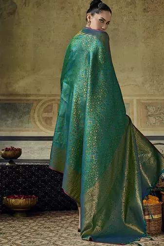 turquoise silk blend with handloom weaving festive wear saree