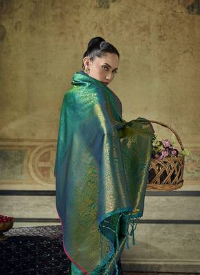 turquoise silk blend with handloom weaving festive wear saree 3