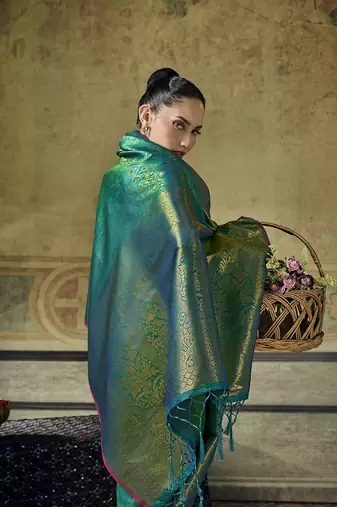 turquoise silk blend with handloom weaving festive wear saree