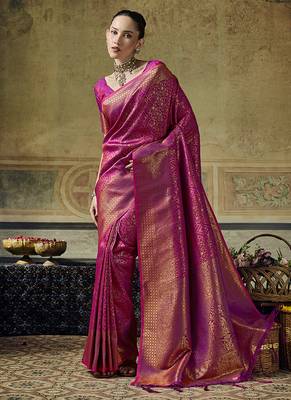 rani pink silk blend with handloom weaving festive wear saree 1