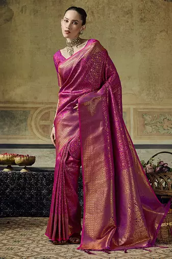 rani pink silk blend with handloom weaving festive wear saree