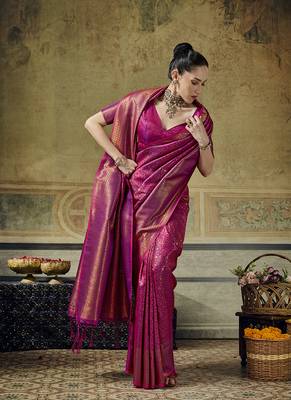 rani pink silk blend with handloom weaving festive wear saree 2