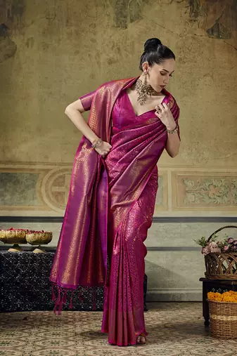 rani pink silk blend with handloom weaving festive wear saree
