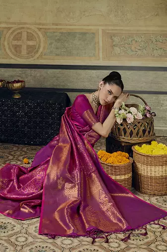 rani pink silk blend with handloom weaving festive wear saree