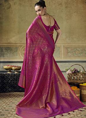 rani pink silk blend with handloom weaving festive wear saree 4