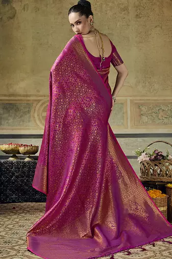 rani pink silk blend with handloom weaving festive wear saree