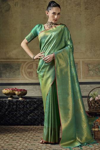 green silk blend with handloom weaving festive wear saree