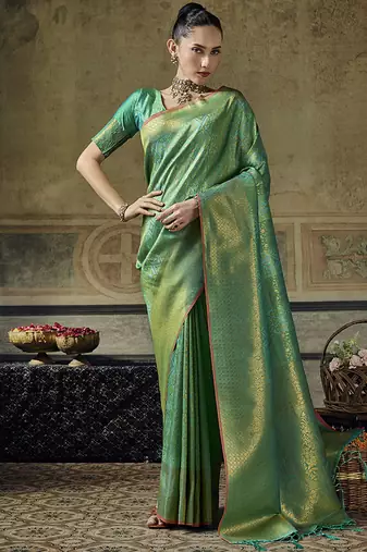 green silk blend with handloom weaving festive wear saree
