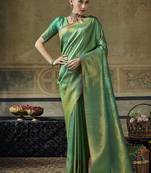 green silk blend with handloom weaving festive wear saree