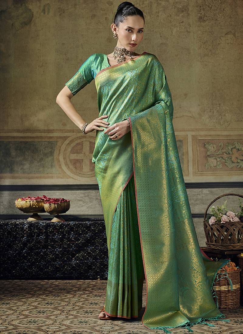 green silk blend with handloom weaving festive wear saree