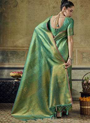 green silk blend with handloom weaving festive wear saree 2