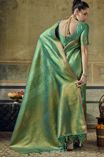green silk blend with handloom weaving festive wear saree