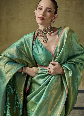 green silk blend with handloom weaving festive wear saree 3