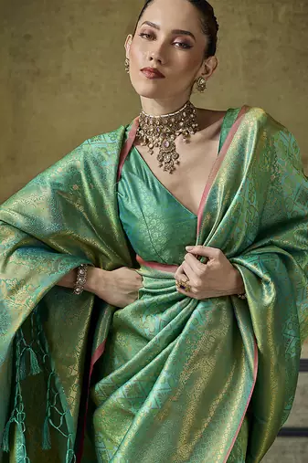 green silk blend with handloom weaving festive wear saree