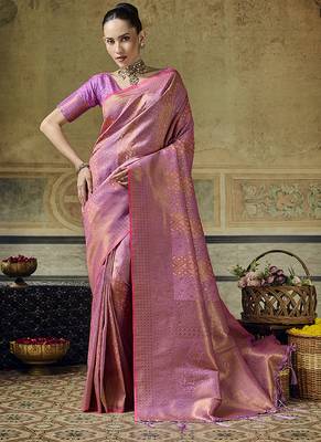onion pink silk blend with handloom weaving festive wear saree 1