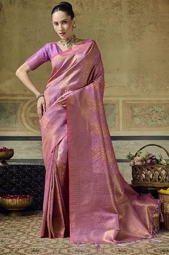 onion pink silk blend with handloom weaving festive wear saree