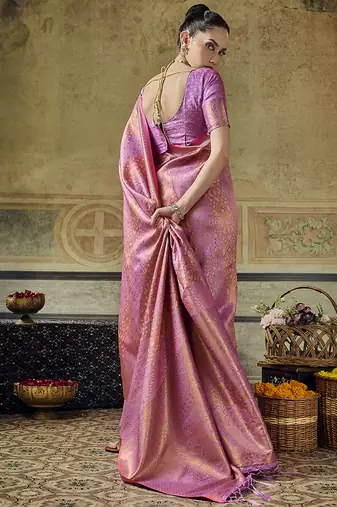 onion pink silk blend with handloom weaving festive wear saree