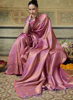 onion pink silk blend with handloom weaving festive wear saree 3