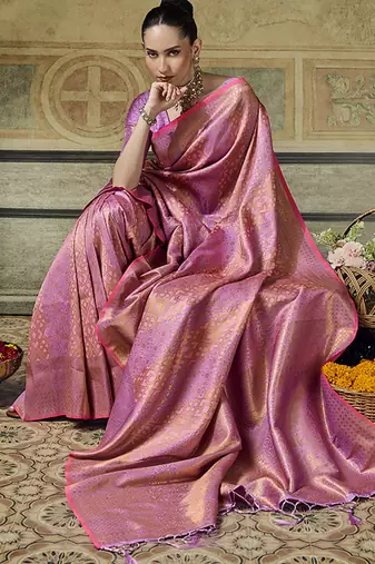 onion pink silk blend with handloom weaving festive wear saree