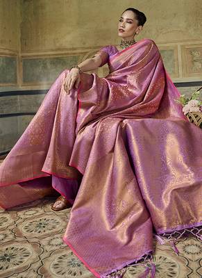 onion pink silk blend with handloom weaving festive wear saree 4