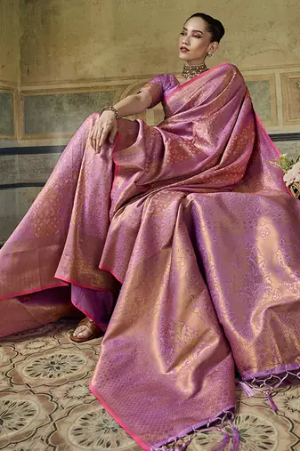 onion pink silk blend with handloom weaving festive wear saree