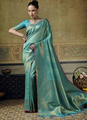 sky blue pink silk blend with handloom weaving festive wear saree 1