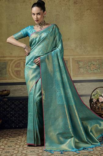 sky blue pink silk blend with handloom weaving festive wear saree