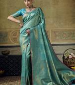 sky blue pink silk blend with handloom weaving festive wear saree
