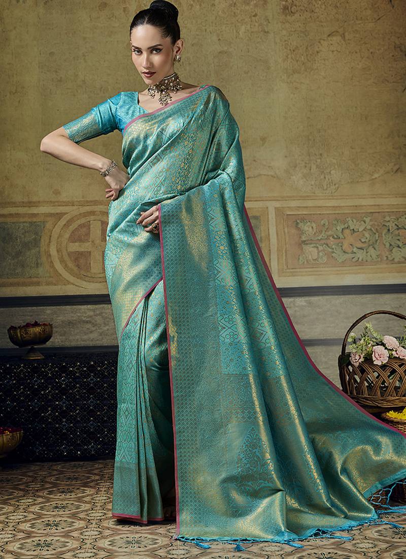 sky blue pink silk blend with handloom weaving festive wear saree