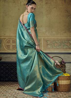 sky blue pink silk blend with handloom weaving festive wear saree 2