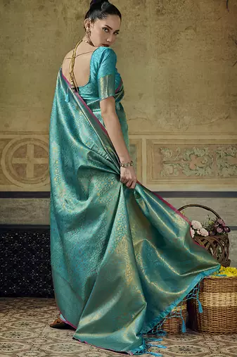 sky blue pink silk blend with handloom weaving festive wear saree
